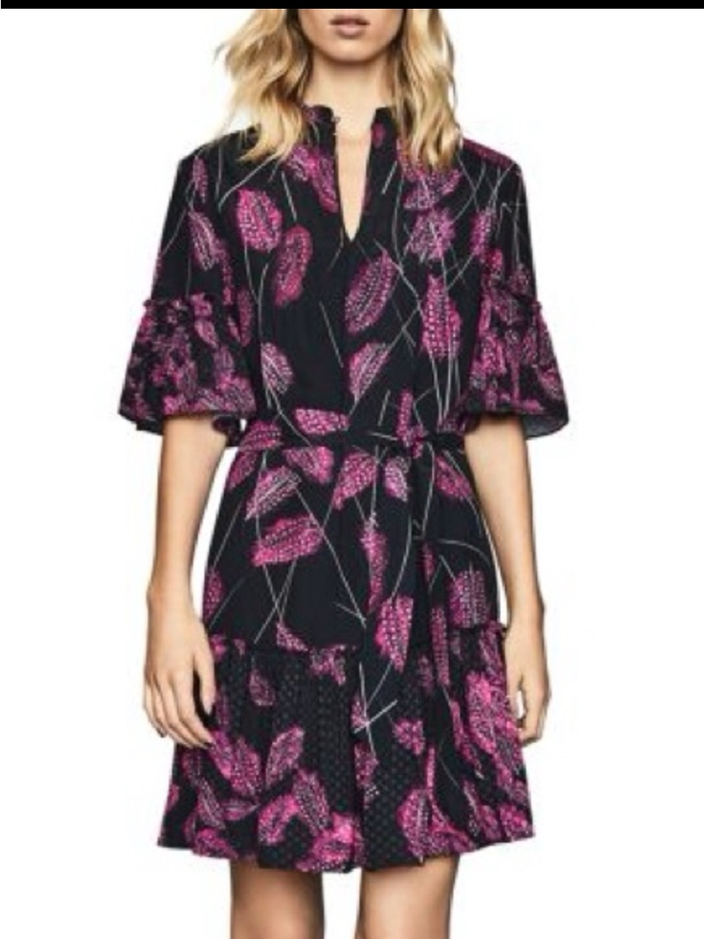 REISS Marsali Black & Pink feather print Tunic Dress Sz 10